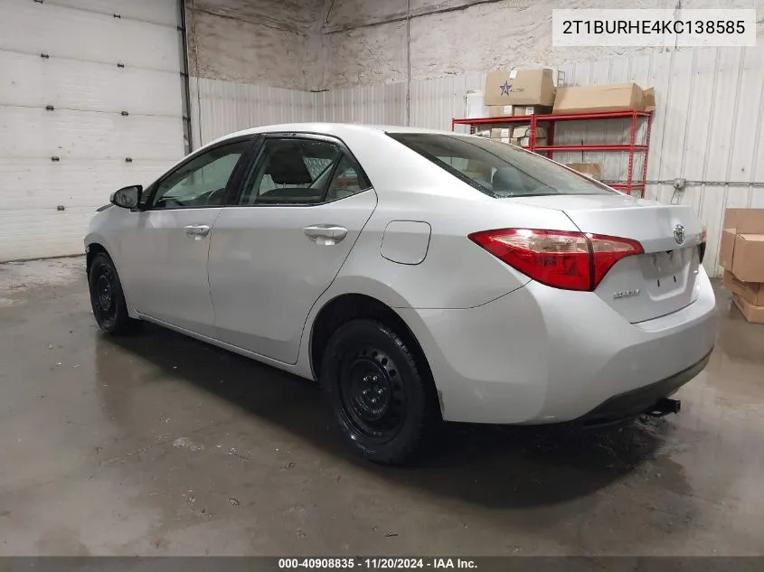 2019 Toyota Corolla Le VIN: 2T1BURHE4KC138585 Lot: 40908835