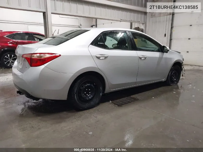 2019 Toyota Corolla Le VIN: 2T1BURHE4KC138585 Lot: 40908835