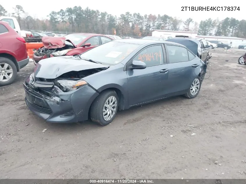 2019 Toyota Corolla Le VIN: 2T1BURHE4KC178374 Lot: 40916474