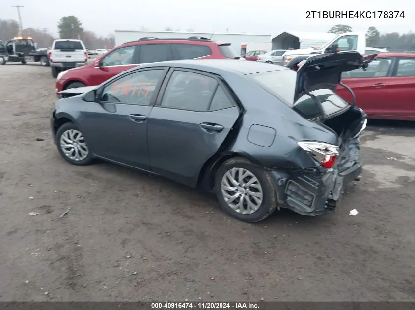 2019 Toyota Corolla Le VIN: 2T1BURHE4KC178374 Lot: 40916474