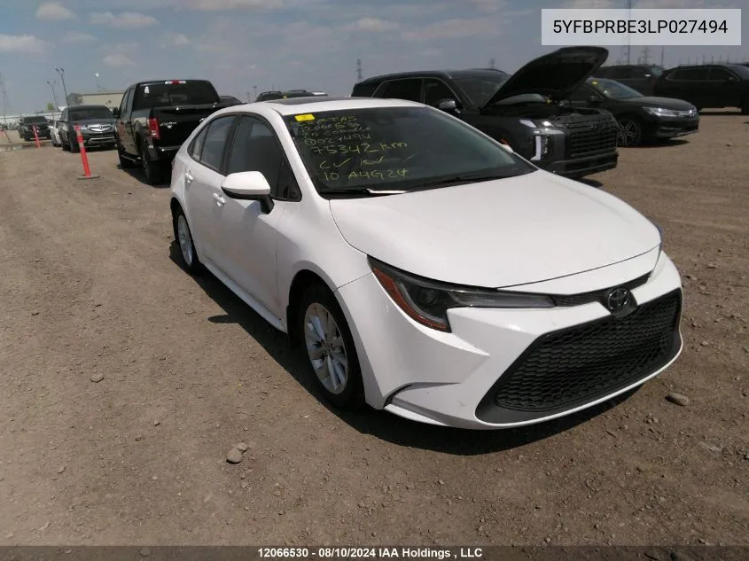 2020 Toyota Corolla Le VIN: 5YFBPRBE3LP027494 Lot: 12066530