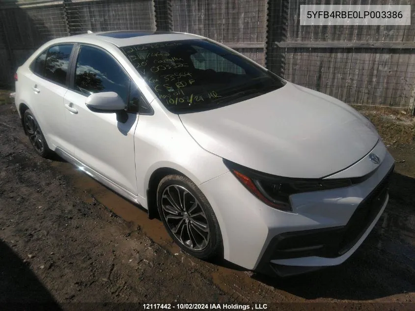 2020 Toyota Corolla Xse VIN: 5YFB4RBE0LP003386 Lot: 12117442