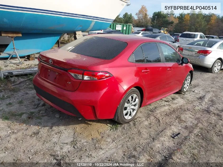 2020 Toyota Corolla Le VIN: 5YFBPRBE4LP040514 Lot: 12128110