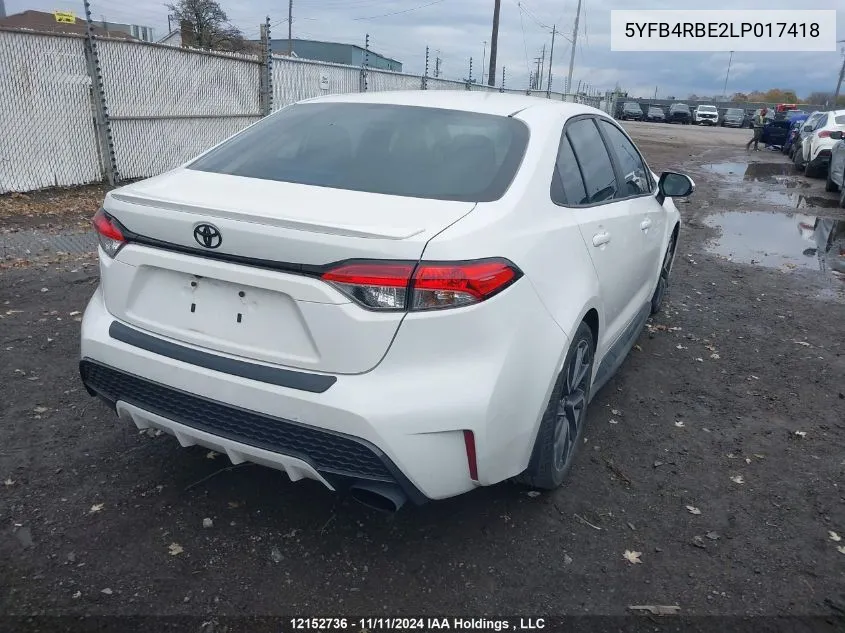 2020 Toyota Corolla Se/Xse VIN: 5YFB4RBE2LP017418 Lot: 12152736