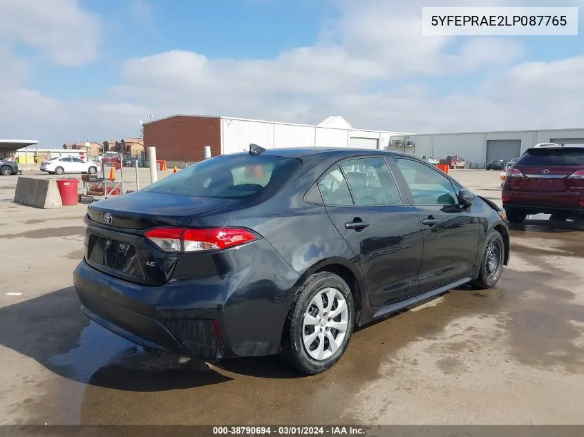 2020 Toyota Corolla Le VIN: 5YFEPRAE2LP087765 Lot: 38790694