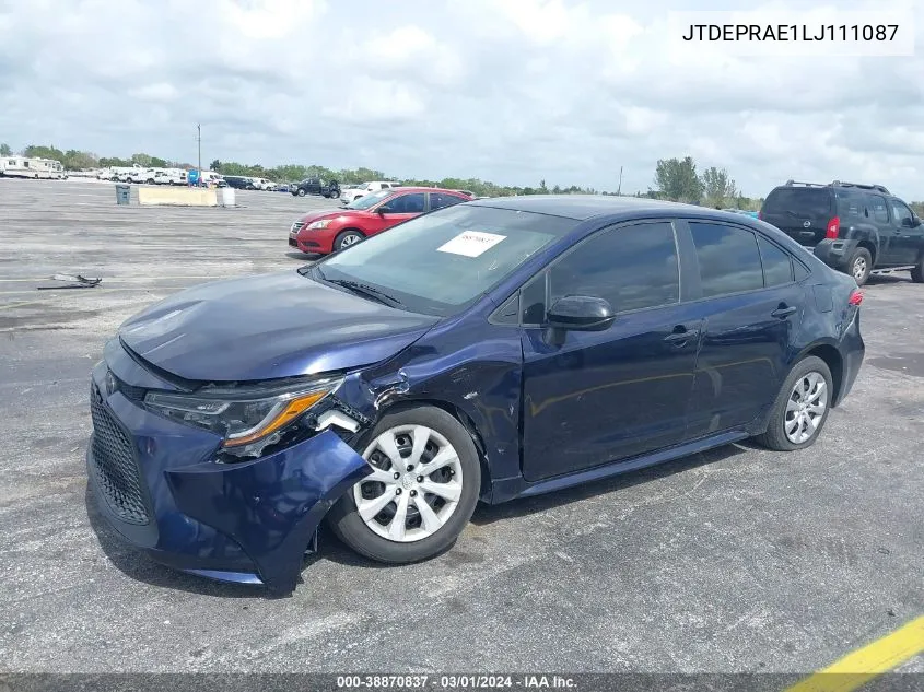 2020 Toyota Corolla Le VIN: JTDEPRAE1LJ111087 Lot: 38870837