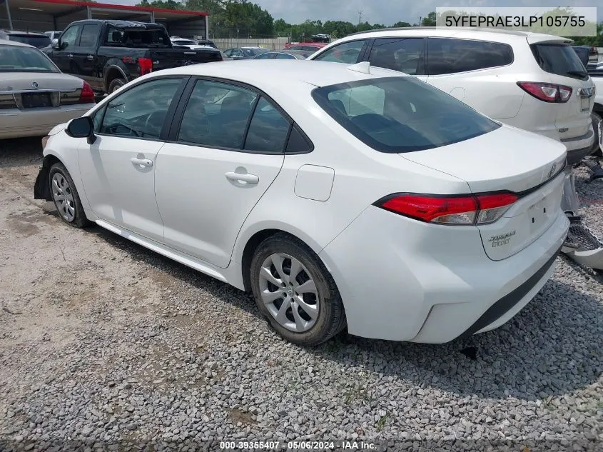 2020 Toyota Corolla Le VIN: 5YFEPRAE3LP105755 Lot: 39355407