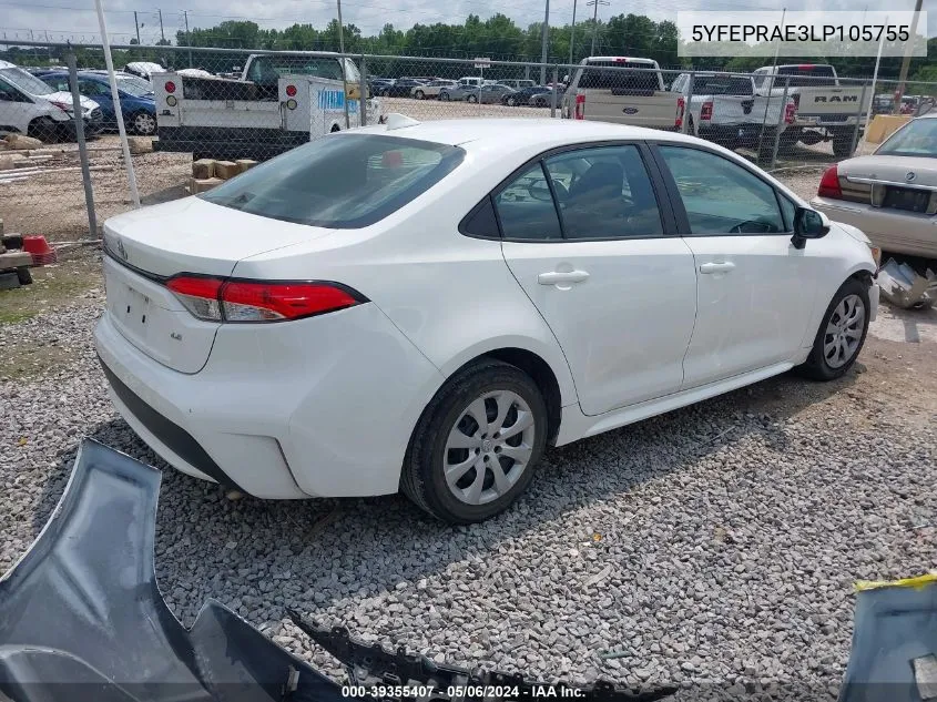 2020 Toyota Corolla Le VIN: 5YFEPRAE3LP105755 Lot: 39355407