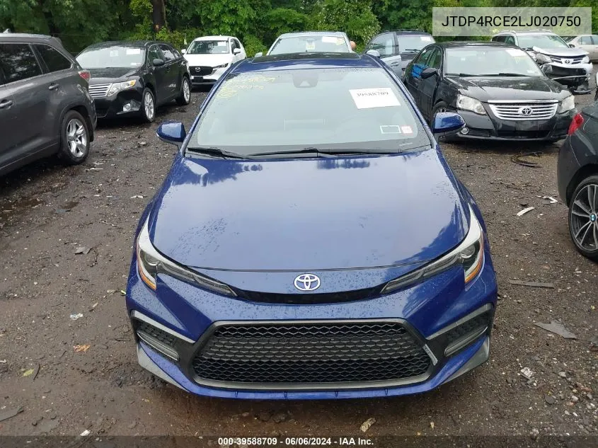 2020 Toyota Corolla Se VIN: JTDP4RCE2LJ020750 Lot: 39588709