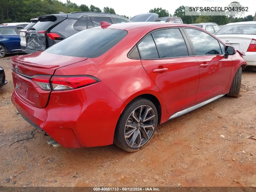 2020 Toyota Corolla Se VIN: 5YFS4RCE0LP043952 Lot: 40051733