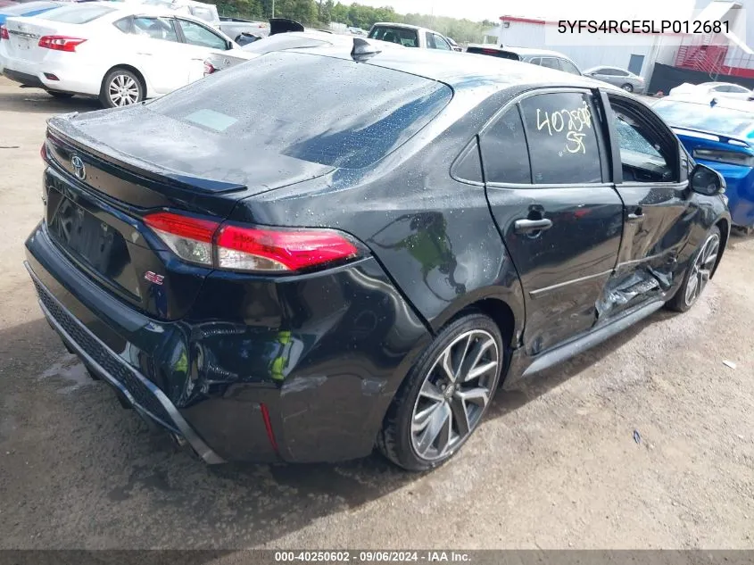 2020 Toyota Corolla Se VIN: 5YFS4RCE5LP012681 Lot: 40250602