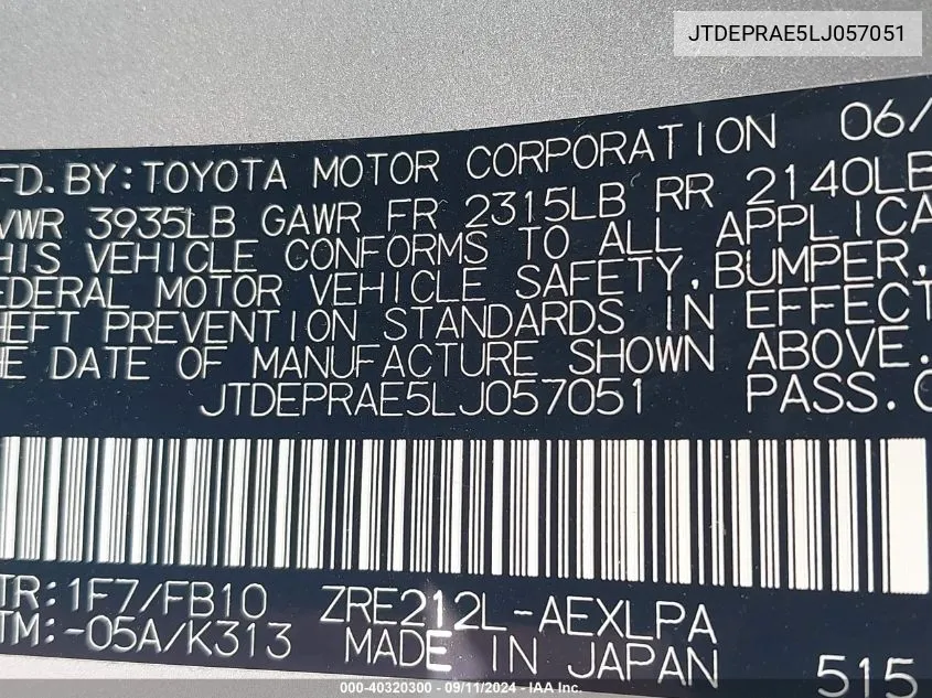 JTDEPRAE5LJ057051 2020 Toyota Corolla Le