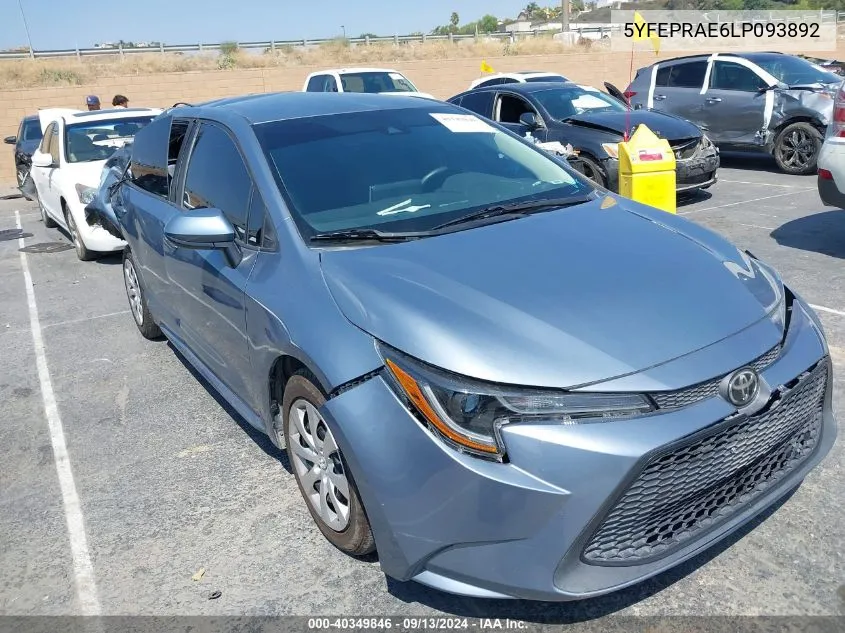 2020 Toyota Corolla Le VIN: 5YFEPRAE6LP093892 Lot: 40349846