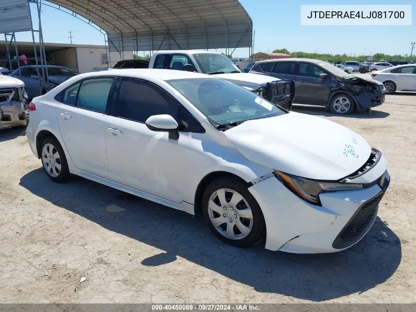 2020 Toyota Corolla Le VIN: JTDEPRAE4LJ081700 Lot: 40450089