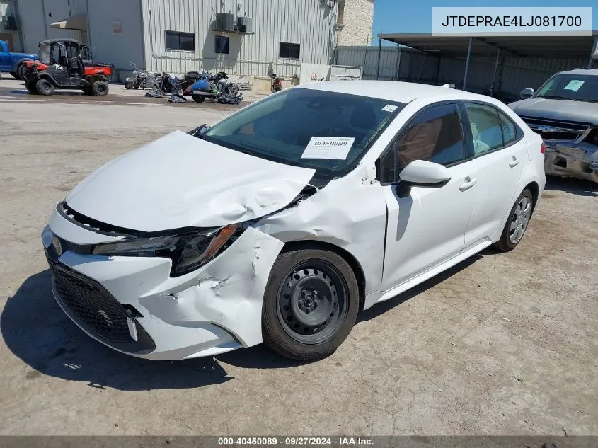 2020 Toyota Corolla Le VIN: JTDEPRAE4LJ081700 Lot: 40450089