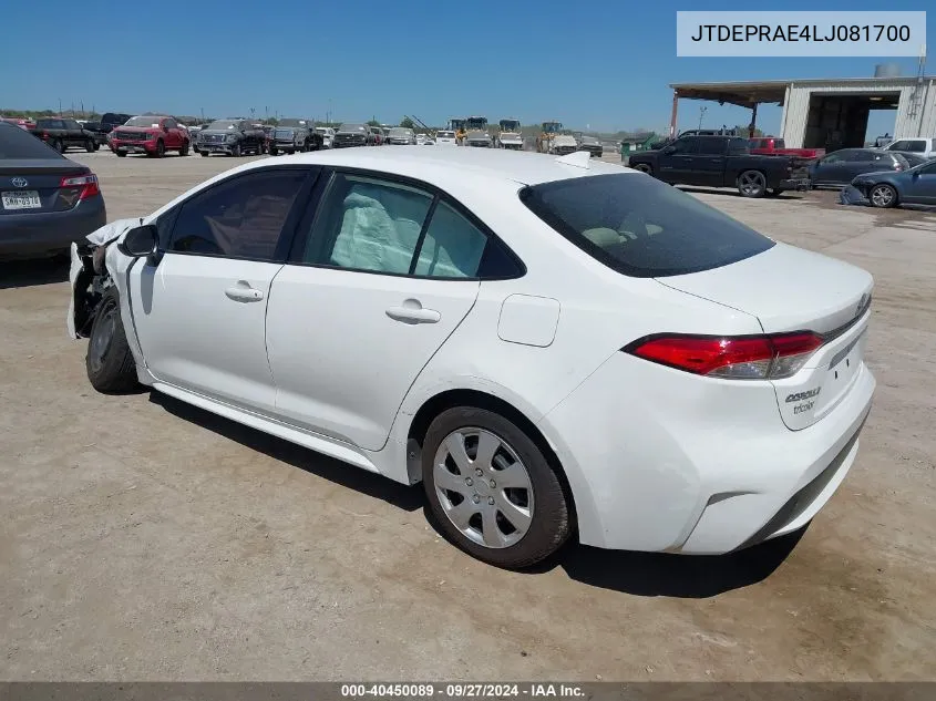 2020 Toyota Corolla Le VIN: JTDEPRAE4LJ081700 Lot: 40450089