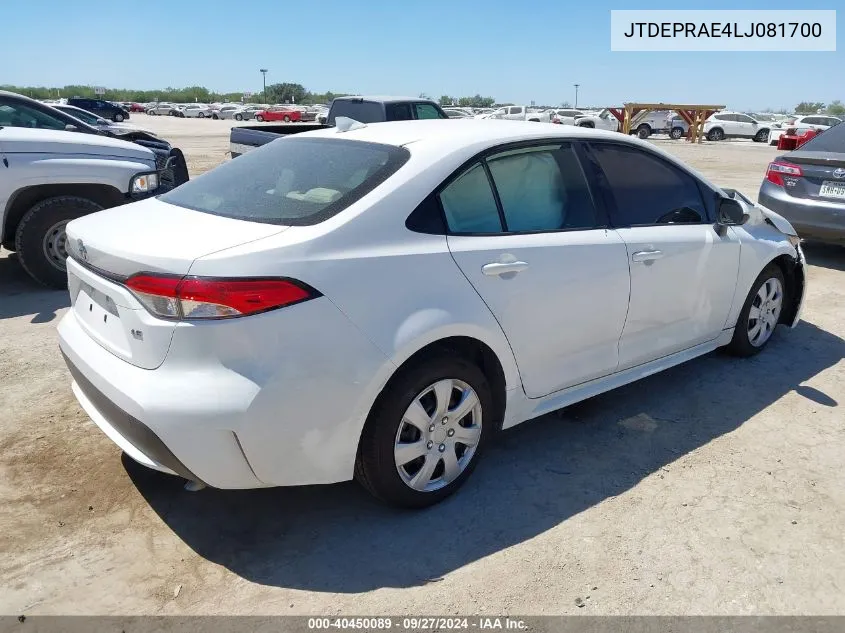 2020 Toyota Corolla Le VIN: JTDEPRAE4LJ081700 Lot: 40450089