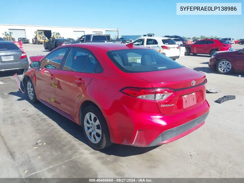 2020 Toyota Corolla Le VIN: 5YFEPRAE0LP138986 Lot: 40458680