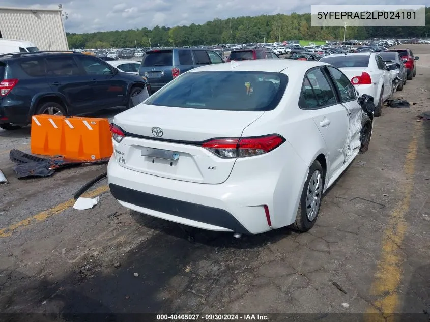 2020 Toyota Corolla Le VIN: 5YFEPRAE2LP024181 Lot: 40465027