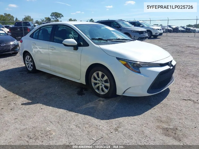 2020 Toyota Corolla Le VIN: 5YFEPRAE1LP025726 Lot: 40659980