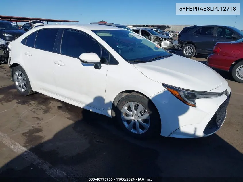 2020 Toyota Corolla Le VIN: 5YFEPRAE3LP012718 Lot: 40775755