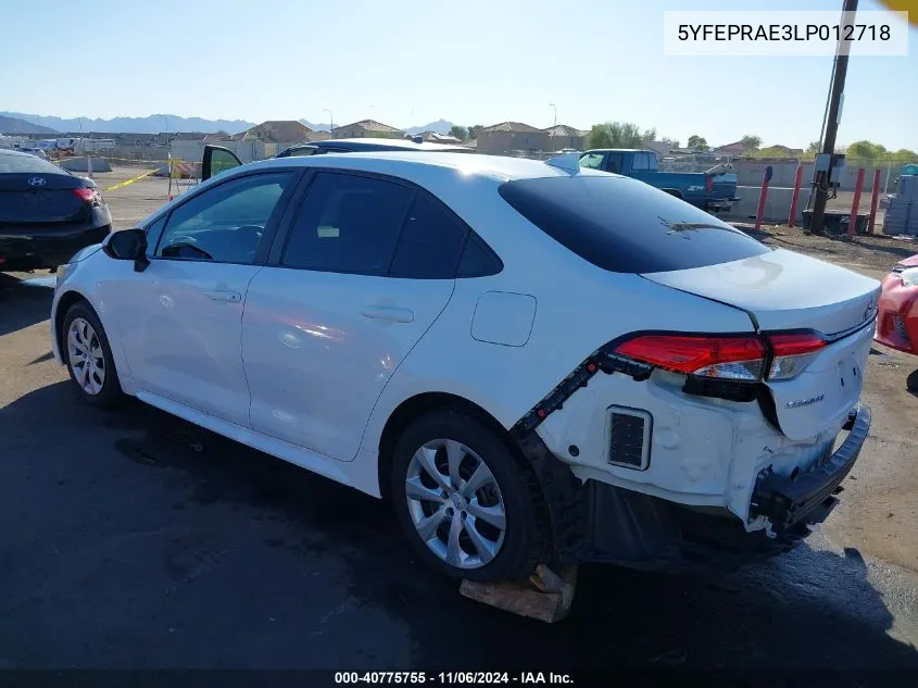 2020 Toyota Corolla Le VIN: 5YFEPRAE3LP012718 Lot: 40775755