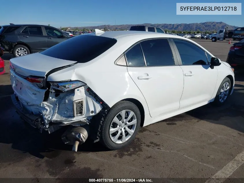 2020 Toyota Corolla Le VIN: 5YFEPRAE3LP012718 Lot: 40775755