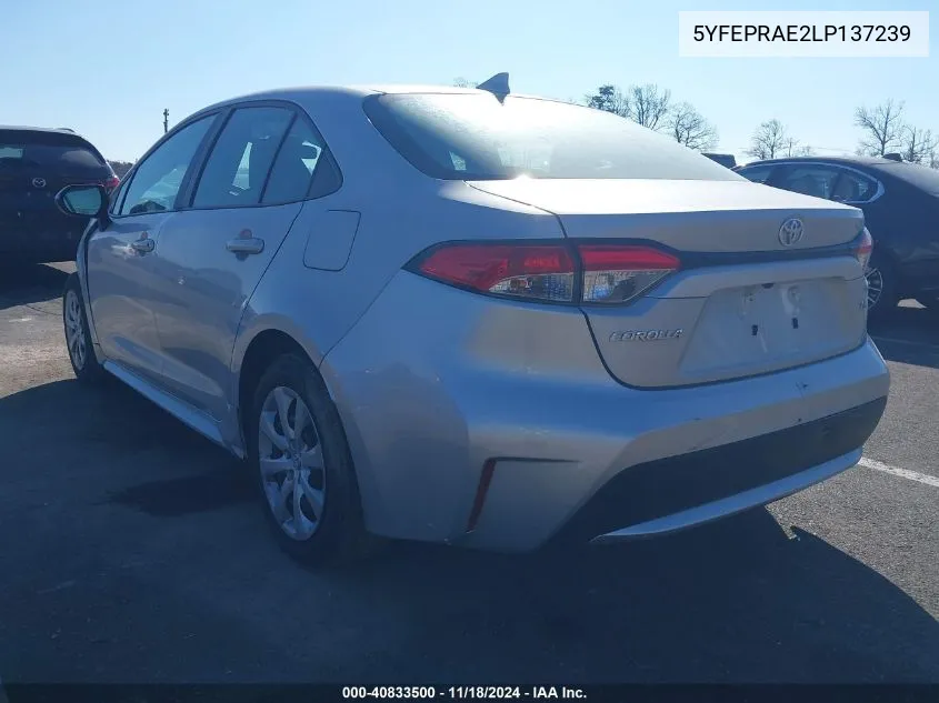 2020 Toyota Corolla Le VIN: 5YFEPRAE2LP137239 Lot: 40833500