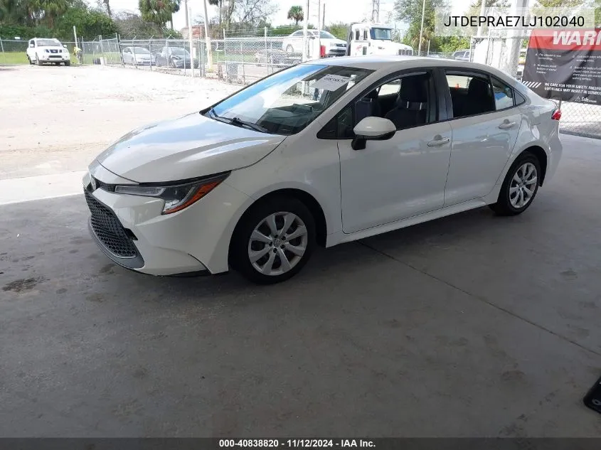 2020 Toyota Corolla Le VIN: JTDEPRAE7LJ102040 Lot: 40838820