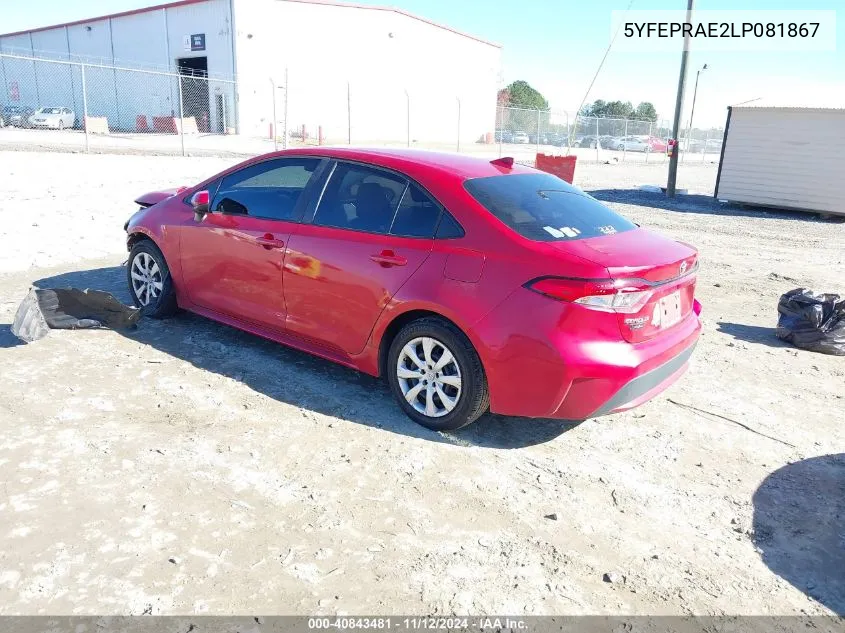 2020 Toyota Corolla Le VIN: 5YFEPRAE2LP081867 Lot: 40843481