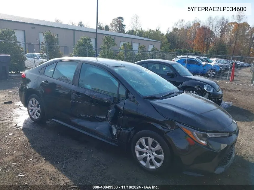 2020 Toyota Corolla Le VIN: 5YFEPRAE2LP034600 Lot: 40849938