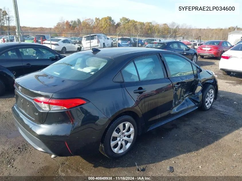 2020 Toyota Corolla Le VIN: 5YFEPRAE2LP034600 Lot: 40849938