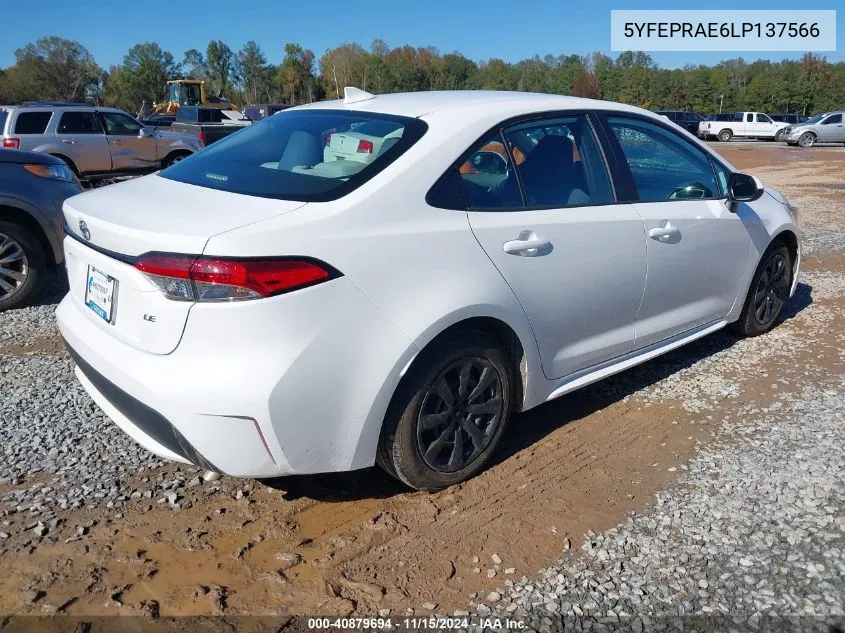 2020 Toyota Corolla Le VIN: 5YFEPRAE6LP137566 Lot: 40879694