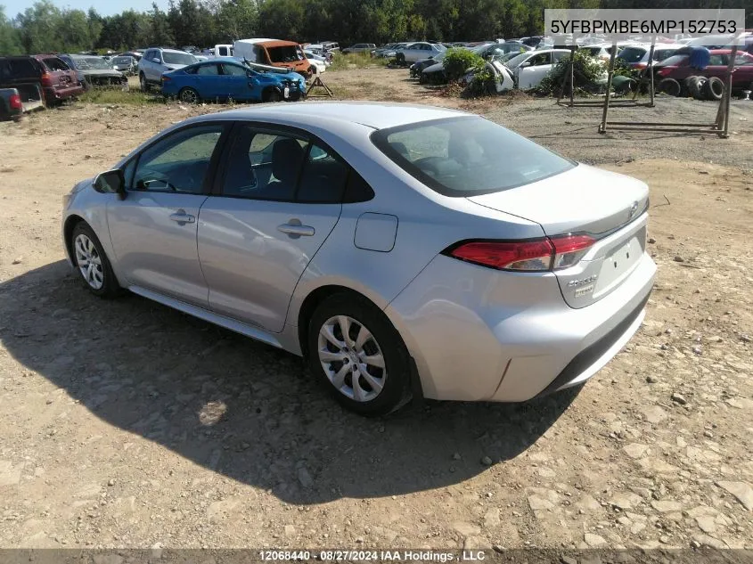 2021 Toyota Corolla Le VIN: 5YFBPMBE6MP152753 Lot: 12068440