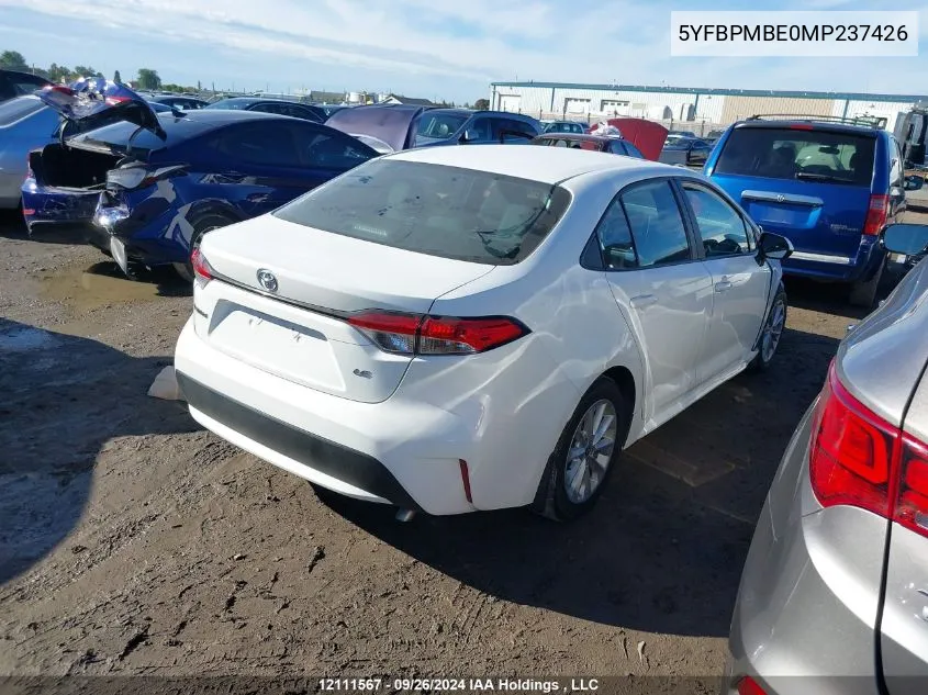 2021 Toyota Corolla Le VIN: 5YFBPMBE0MP237426 Lot: 12111567