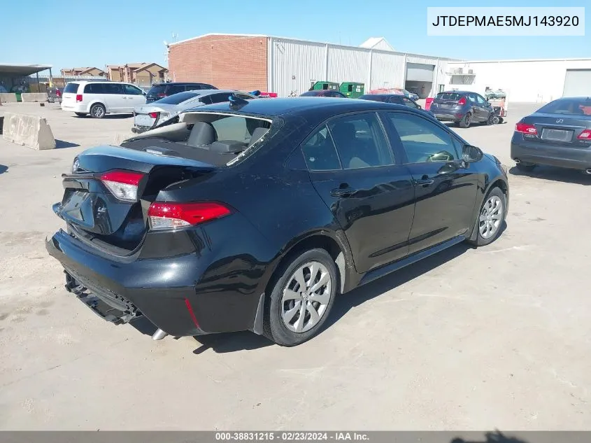 2021 Toyota Corolla Le VIN: JTDEPMAE5MJ143920 Lot: 38831215