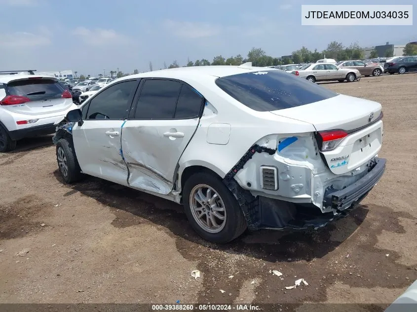 JTDEAMDE0MJ034035 2021 Toyota Corolla Hybrid Le