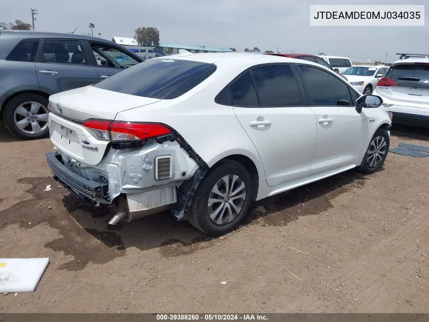 JTDEAMDE0MJ034035 2021 Toyota Corolla Hybrid Le