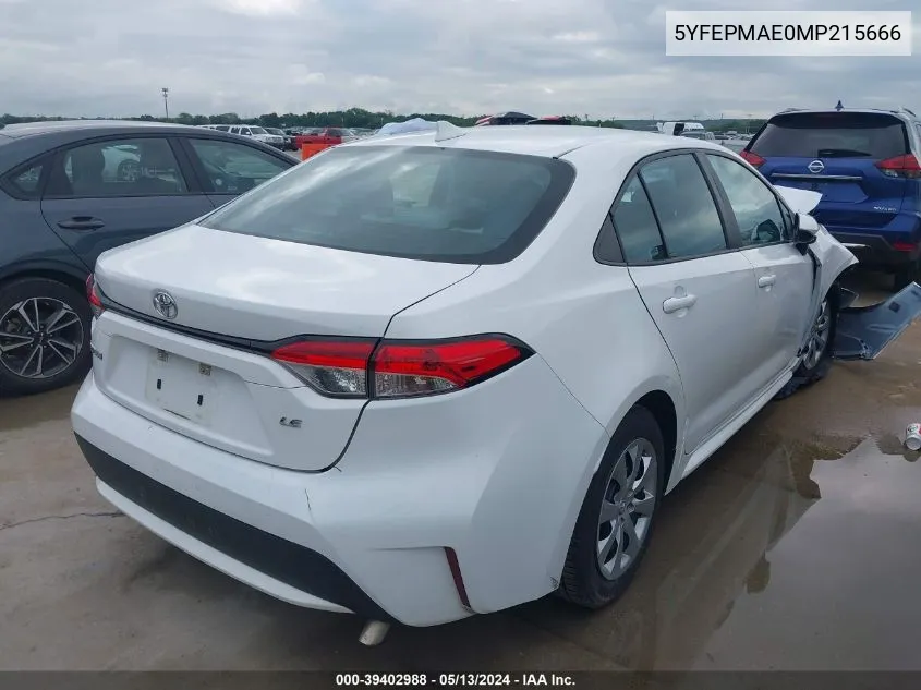 2021 Toyota Corolla Le VIN: 5YFEPMAE0MP215666 Lot: 39402988