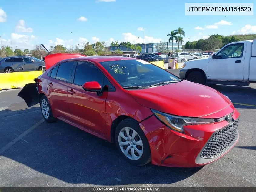 2021 Toyota Corolla Le VIN: JTDEPMAE0MJ154520 Lot: 39450389