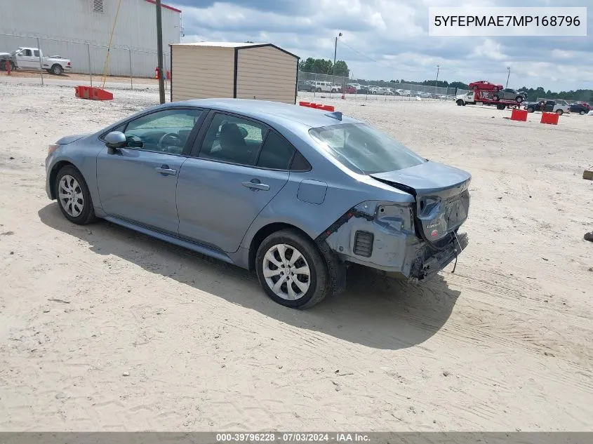 2021 Toyota Corolla Le VIN: 5YFEPMAE7MP168796 Lot: 39796228