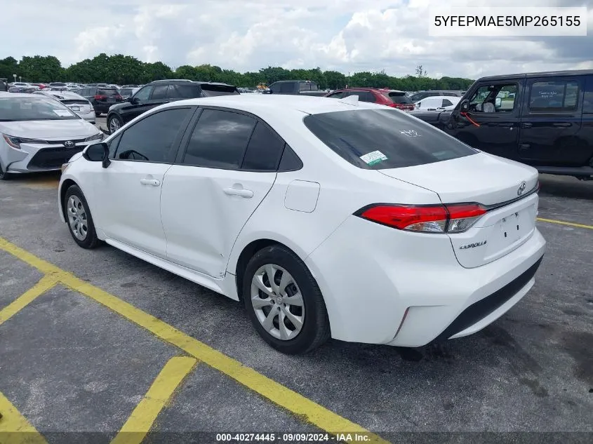 2021 Toyota Corolla Le VIN: 5YFEPMAE5MP265155 Lot: 40274445