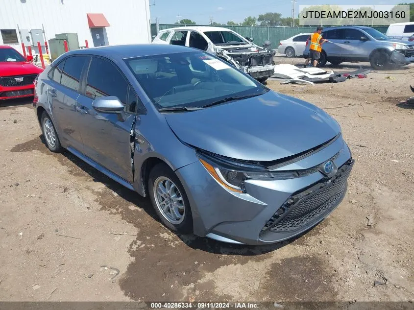 2021 Toyota Corolla Hybrid Le VIN: JTDEAMDE2MJ003160 Lot: 40286334