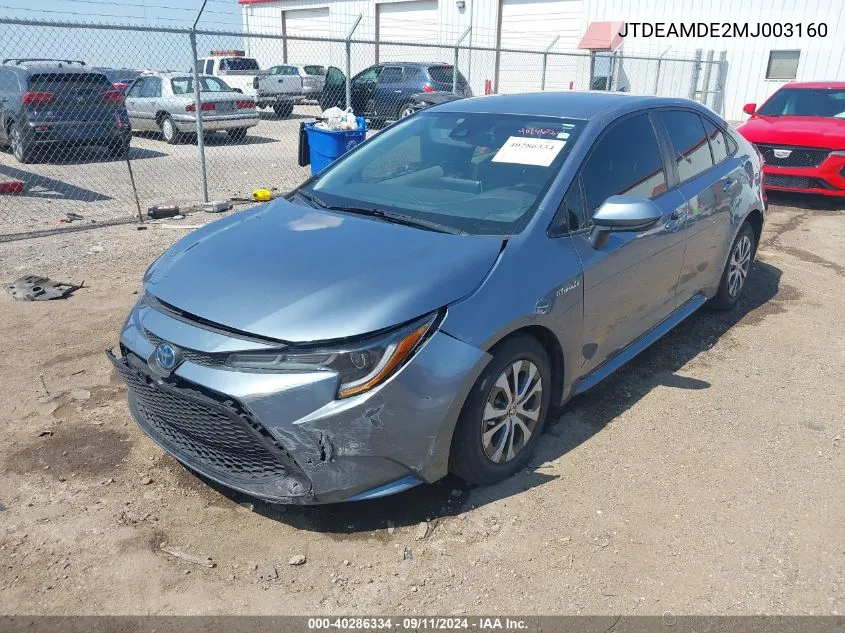 2021 Toyota Corolla Hybrid Le VIN: JTDEAMDE2MJ003160 Lot: 40286334