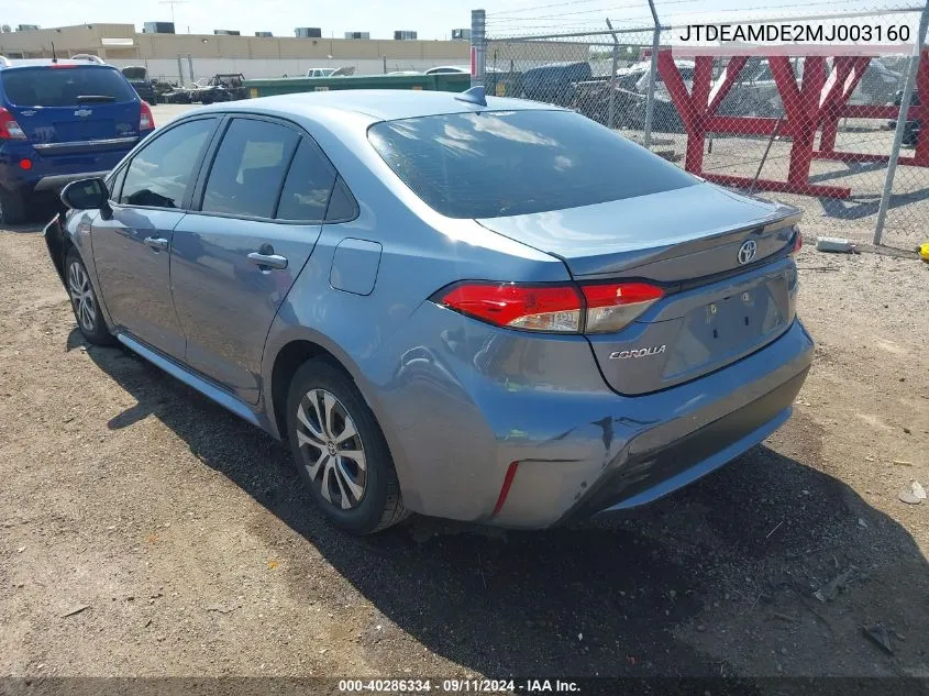 2021 Toyota Corolla Hybrid Le VIN: JTDEAMDE2MJ003160 Lot: 40286334