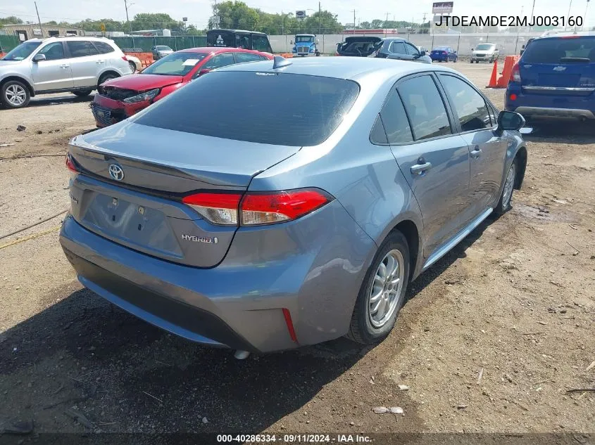 2021 Toyota Corolla Hybrid Le VIN: JTDEAMDE2MJ003160 Lot: 40286334