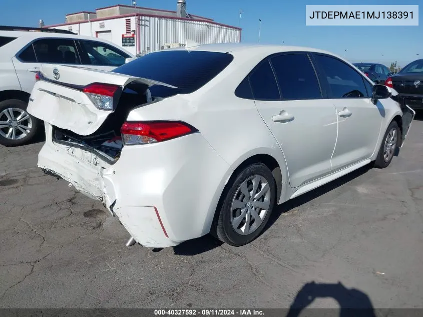 2021 Toyota Corolla Le VIN: JTDEPMAE1MJ138391 Lot: 40327592