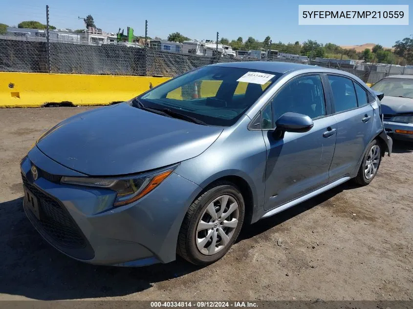 2021 Toyota Corolla Le VIN: 5YFEPMAE7MP210559 Lot: 40334814