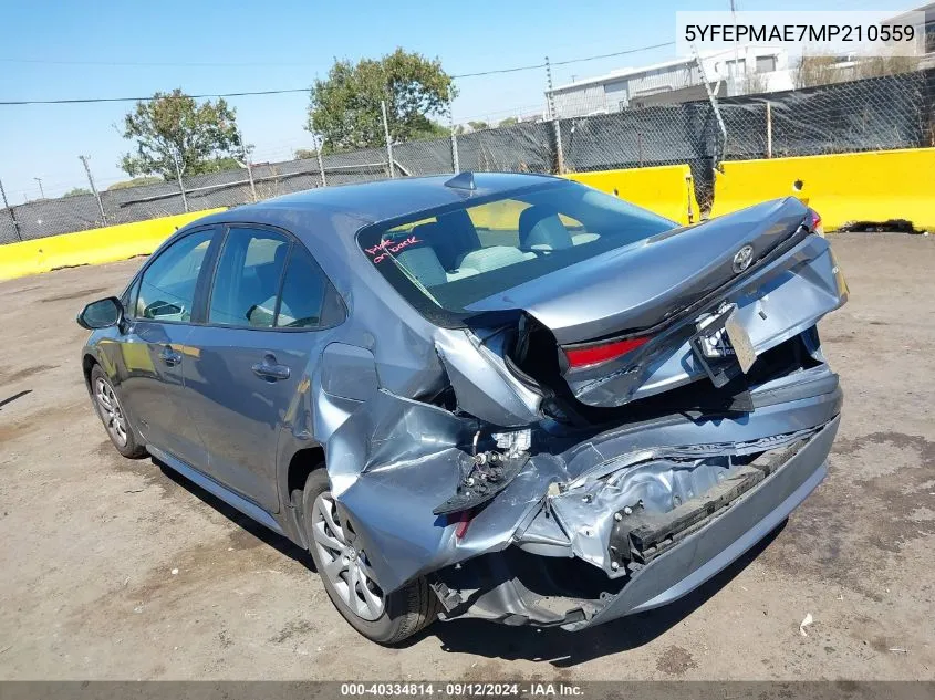 2021 Toyota Corolla Le VIN: 5YFEPMAE7MP210559 Lot: 40334814