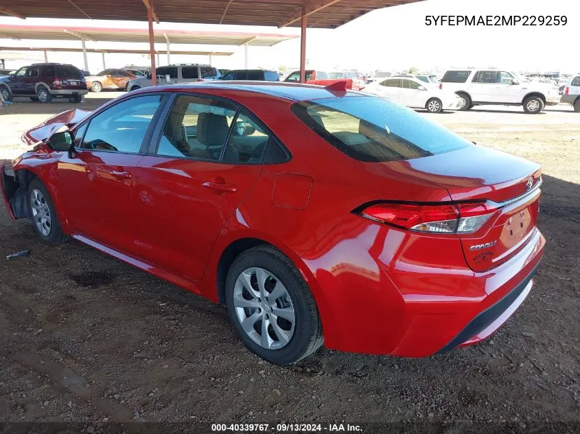 2021 Toyota Corolla Le VIN: 5YFEPMAE2MP229259 Lot: 40339767